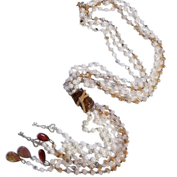 Long Pearl Stone Crystal Leather Necklace - Picture 2 of 3